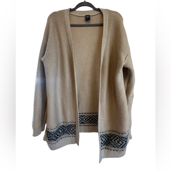 Gap open front geometric Aztec boho cardigan Large tan gray neutral 14% wool - Picture 1 of 6